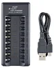 A black 8-slot USB battery charger with a USB cable is shown on a light gray background. Náhľad obrázku produktu
