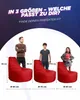 Three red beanbag chairs of different sizes are shown with people standing next to them to indicate scale. Dimensions are provided for each chair. Produktbild-Vorschau