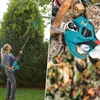 A split image showing a woman using a telescopic pole saw and a close-up of electric pruning shears cutting a branch. Produktbild-Vorschau