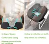 A collage showing a seat cushion with diagrams and text, and a person sitting on a chair with the cushion. Produktbild-Vorschau