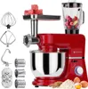 A red stand mixer with various attachments, including a meat grinder, blender, whisk, dough hook, and shredding discs. Ingredients like meat, berries, apples, flour, and eggs are also shown. Produktbild-Vorschau