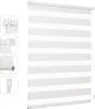 A close-up view of a white and light gray striped roller blind, presented on a white background. The image also includes three smaller inset images on the left side, showcasing different angles and details of the blind's mounting mechanism and fabric textu Podgląd zdjęcia produktu