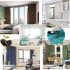 A collage of different rooms and close-ups, showcasing curtains in various settings and a sewing machine. Produktbild-Vorschau