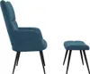 A blue velvet armchair and ottoman are shown against a white background. Voir les images du produit
