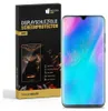 A product box for a screen protector is shown next to a smartphone with a colorful screen. Produktbild-Vorschau