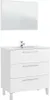 A white bathroom vanity with a mirror above it, set against a white background. Produktbild-Vorschau
