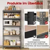A collage showing a metal shelving unit filled with kitchen items and close-up details of its construction. Produktbild-Vorschau