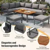 A garden lounge set with a coffee table, ottomans, and seating, set up outdoors on a patio with plants in the background. Several close-up insets highlight product features. Voir les images du produit