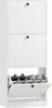 A white shoe cabinet with three flip-down compartments, two of which are closed and one is open, revealing shoes inside. Produktbild-Vorschau