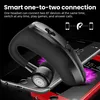 A close-up of a black Bluetooth headset resting on two smartphones, with text overlay describing its features. Produktbild-Vorschau