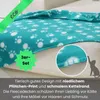 A close-up of a teal blanket with white paw prints draped over a light-colored sofa. A magnified view of the blanket's edge is shown, along with a silhouette of a cat. Náhled obrázku produktu