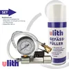 A product shot of a Gefäßfüller set including a spray can and a pressure gauge with adapter. Produktbild-Vorschau