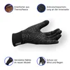 A black glove with a patterned design is shown from a top-down perspective, with callouts highlighting its features. Produktbild-Vorschau
