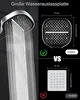 A comparison image showing two shower heads, one with water flowing and the other with dimensions and comparison text. Produktbild-Vorschau