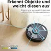 A robot vacuum cleaner is shown on a carpeted floor, with lines radiating from it to indicate its sensing capabilities around furniture. Produktbild-Vorschau