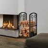 A modern living room with a fireplace and a black metal firewood rack filled with logs. Produktbild-Vorschau