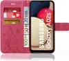 A pink flip case for a Samsung Galaxy A02s/M02s phone, showing credit cards and euro banknotes inserted into the case. Produktbild-Vorschau
