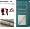 A marketing image showing a teal flip case for a Samsung phone, with text and graphics explaining its RFID blocking feature, and a close-up of the material texture. Náhled obrázku produktu