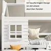 Close-up view of a white wooden children's bunk bed with a house-shaped design and a window. Voir les images du produit
