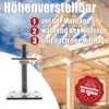 A close-up of a metal post anchor with text and graphics overlayed on a background of wooden beams and a blue sky. Produktbild-Vorschau