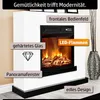 A white electric fireplace with a black base and surround, featuring a simulated flame effect. Text overlays highlight features. Produktbild-Vorschau