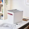 A white filing box with red handles sits on a desk next to some papers and a pen. Produktbild-Vorschau