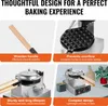 Collage of four images highlighting features of a bubble waffle maker. Produktbild-Vorschau