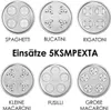 A collage of different pasta maker attachments with their names labeled below. Podgląd zdjęcia produktu
