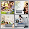 Collage of four images showing a collapsible basin in different settings: a picnic, with a mother and baby, in a nursery, and by a washing machine. Voir les images du produit