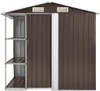 A brown metal garden shed with shelves on the left side, shown from the front. Náhled obrázku produktu
