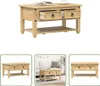 A collage of images showing a wooden coffee table with drawers from different angles and in a living room setting. Voir les images du produit