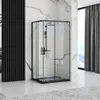 A modern bathroom with a black-framed glass shower enclosure against a marble-patterned wall. Produktbild-Vorschau