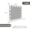 A diagram showing the dimensions of a makeup mirror with LED lights, along with a separate image of mounting hardware. Produktbild-Vorschau
