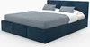 A dark blue upholstered bed with a headboard and storage drawers, shown against a white background. Náhľad obrázku produktu