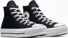 A pair of black Converse Chuck Taylor All Star Lift Hi platform sneakers with white laces and soles, shown from a slightly angled front view against a white background. Voir les images du produit