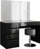 A black vanity table with a tri-fold mirror and LED lights, along with a gray stool, is displayed against a white background. Náhled obrázku produktu