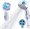 Two views of a shower head with a blue turbine inside, one showing water spraying out. Náhľad obrázku produktu