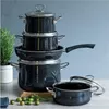 A stack of black cookware with a speckled pattern, set against a light blue wall. Náhľad obrázku produktu