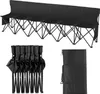 A black six-seater folding bench with a backrest, shown in its unfolded state, folded state, and in a carrying bag. Náhľad obrázku produktu