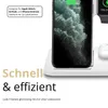 A white charging station with an iPhone, Apple Watch, and AirPods charging. Produktbild-Vorschau