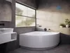 A modern bathroom with a corner bathtub, sink, and large window. Produktbild-Vorschau