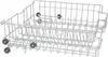 A close-up shot of a dishwasher basket, shown from a slightly elevated side angle against a white background. The basket is made of light gray wire with black wheels attached to the bottom. Anteprima dell’immagine prodotto