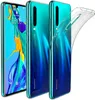 Three Huawei P30 phones are shown, two with their backs facing the camera, and one with its front facing the camera. A clear phone case is draped over the back of one of the phones. Produktbild-Vorschau