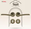 A marketing image showcasing door handles and rosettes, framed by an archway graphic. Produktbild-Vorschau