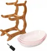 A bamboo stand with three white oval dishes and a screwdriver on a white background. Náhled obrázku produktu