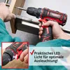 A person is using a cordless drill to screw something into a wooden surface. An inset shows a close-up of the drill's LED light. Produktbild-Vorschau