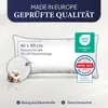 A pillow is shown with various certifications and product details. Produktbild-Vorschau