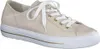 A single beige leather sneaker with white laces and gold eyelets is shown against a white background. Produktbild-Vorschau