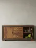 Freigestelltes Design Sideboard aus massivem Sheeshamholz in der Frontansicht. Die 160cm breite Kommode zeigt drei mittige Schubladen, zwei Holztüren und geschwungene Silbergriffe._#sku_BARWL5.193# Produktbild-Vorschau