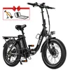 A black electric bicycle is shown from a side-angle, with a red bow and accessories in the top-left corner. Produktbild-Vorschau